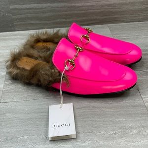 NWT Gucci Princetown Fur Lined Horse-bit Hot Pink Leather Slip On Mules Mens 9